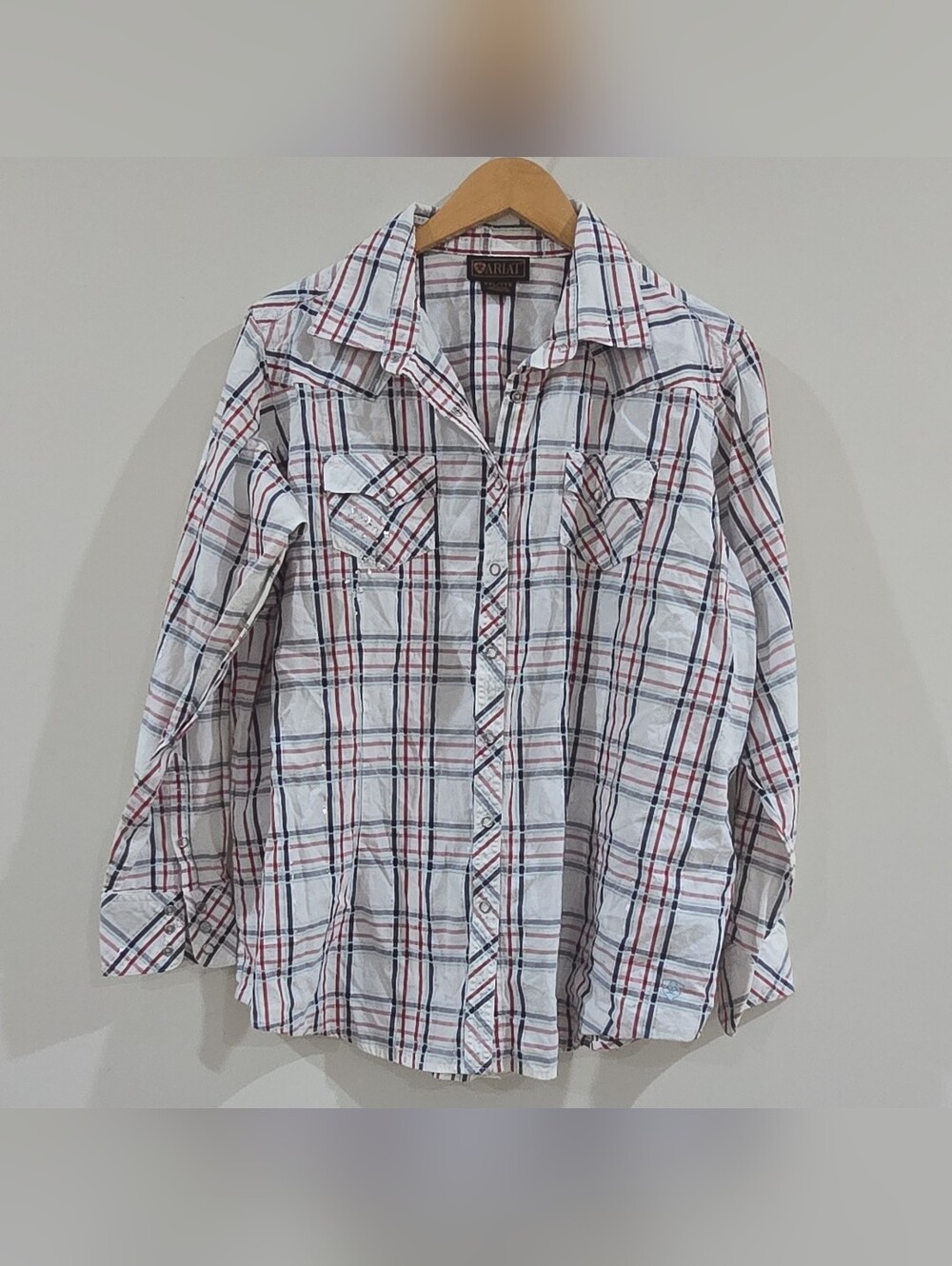 Cowgirl Ariat Womans Plaid Pearl Snap Button-Up Long Sleeve White Red Blue XXL
